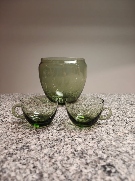 Vintage bowlkom van A.D. Copier voor Leerdam met 2 glazen, ca. 1940.